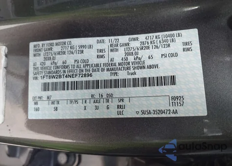 2022 Ford F-250 z USA, uszkodzony, nr VIN 1FT8W2BT4NEF72896